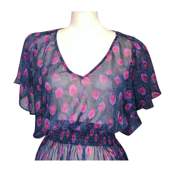 As U Wish Womens Sheer Peacock Feather Print Swim Cover Dress Sz Large V-Neck Fl - Picture 3 of 12